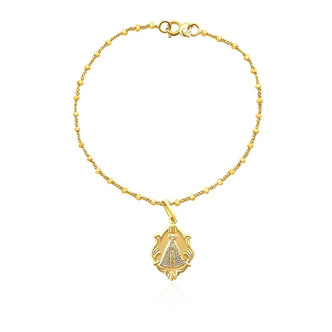 Pulseira Estilo Terço de Ouro Amarelo com Berloque Nossa Senhora de Aparecida