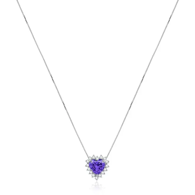 Pingente Coração com Corrente de Ouro Branco, Diamantes e Tanzanita