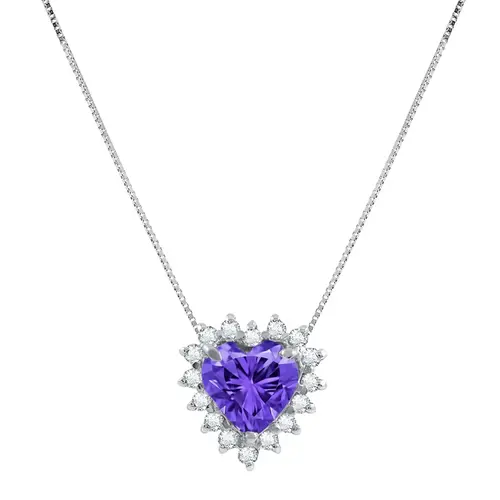 Pingente Coração com Corrente de Ouro Branco, Diamantes e Tanzanita
