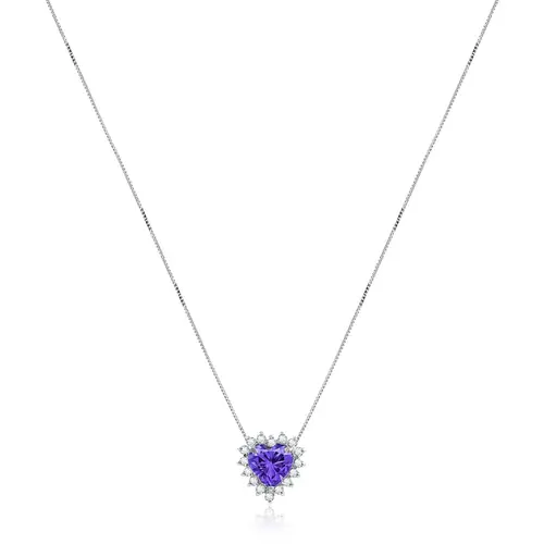 Pingente Coração com Corrente de Ouro Branco, Diamantes e Tanzanita