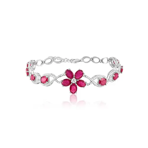 Conjunto Par de Brincos, Gargantilha e Pulseira e Anel de Prata com Cristais e Rubis