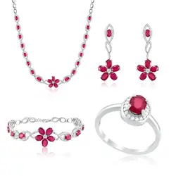 Conjunto Par de Brincos, Gargantilha e Pulseira e Anel de Prata com Cristais e Rubis