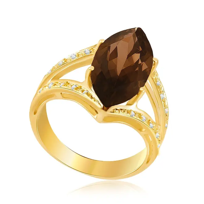 Anel Aro Duplo de Ouro Amarelo com Quartzo Fumê