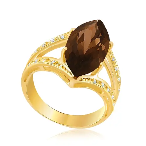 Anel Aro Duplo de Ouro Amarelo com Quartzo Fumê