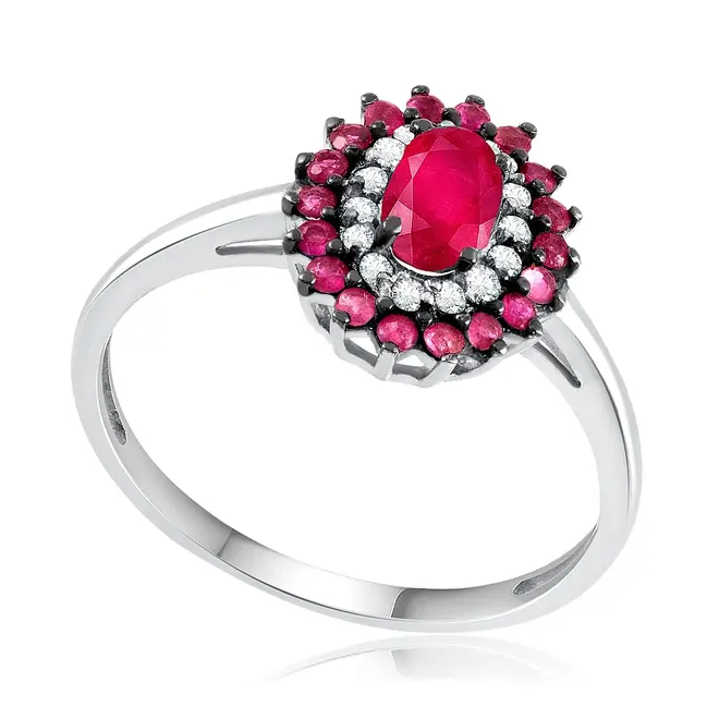 Anel de Ouro Branco com Diamantes e Rubis