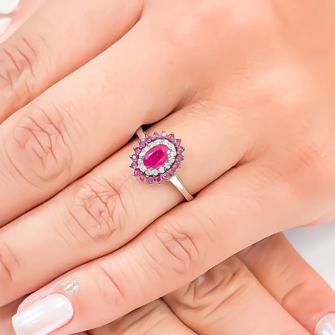 Anel de Ouro Branco com Diamantes e Rubis