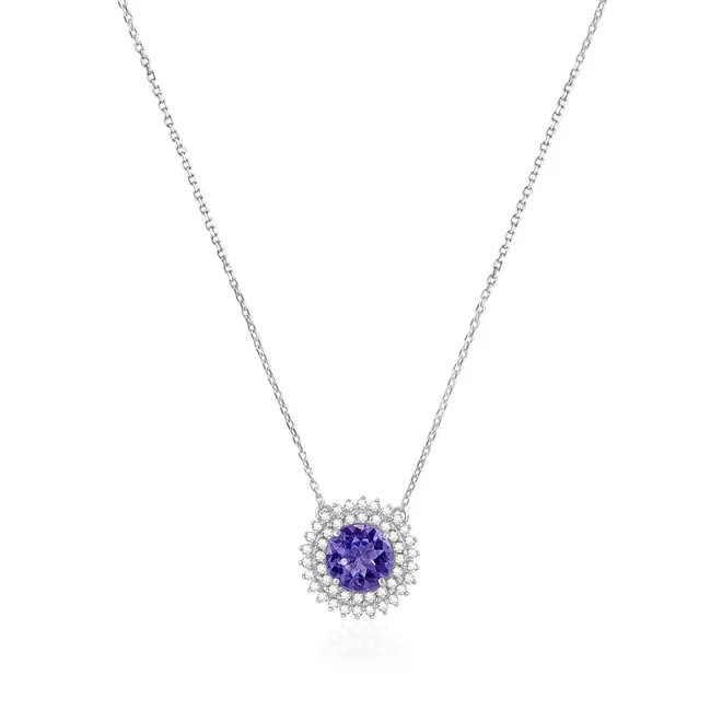 Pingente de Ouro Branco com Corrente Elos Cartier, Diamantes e Tanzanita de 1,50 Cts.