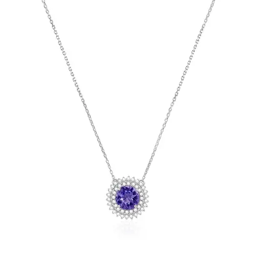 Pingente de Ouro Branco com Corrente Elos Cartier, Diamantes e Tanzanita de 1,50 Cts.