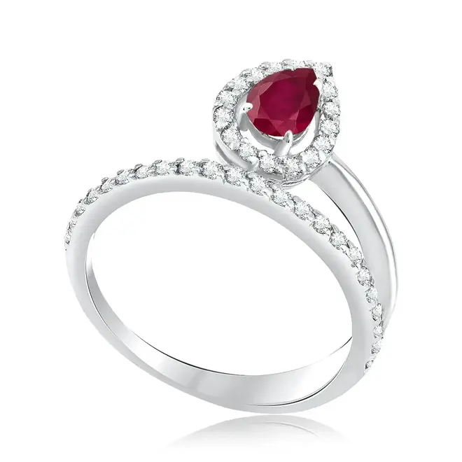 Anel Gota de Ouro Branco com Diamantes e Rubi