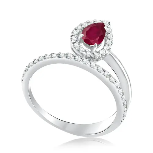Anel Gota de Ouro Branco com Diamantes e Rubi