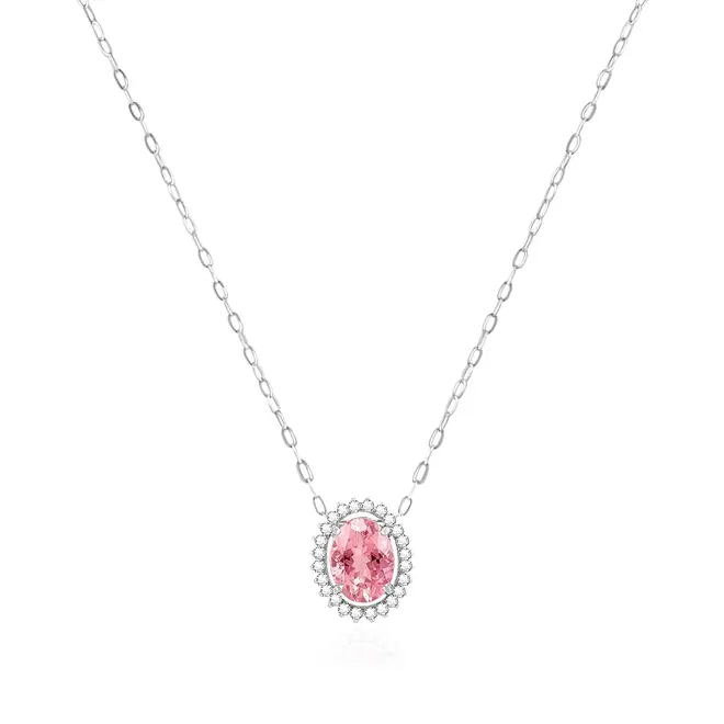 Pingente de Ouro Branco com Corrente Elos Cartier com 24 Diamantes e Turmalina Rosa