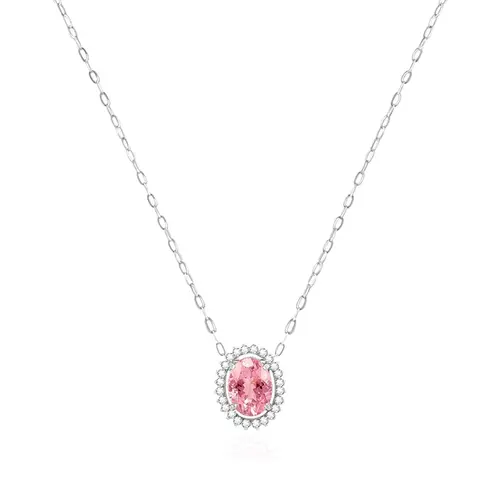Pingente de Ouro Branco com Corrente Elos Cartier com 24 Diamantes e Turmalina Rosa