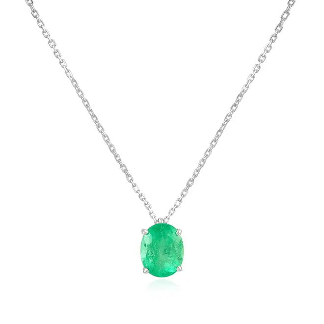 Pingente de Ouro Branco com Corrente Elos Cartier e Esmeralda Colombiana de 3,20 Cts.