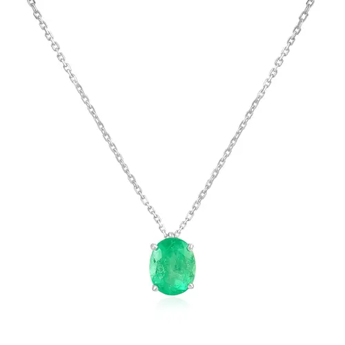 Pingente de Ouro Branco com Corrente Elos Cartier e Esmeralda Colombiana de 3,20 Cts.