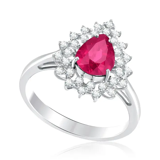 Anel Gota de Ouro Branco com Diamantes e Rubelita