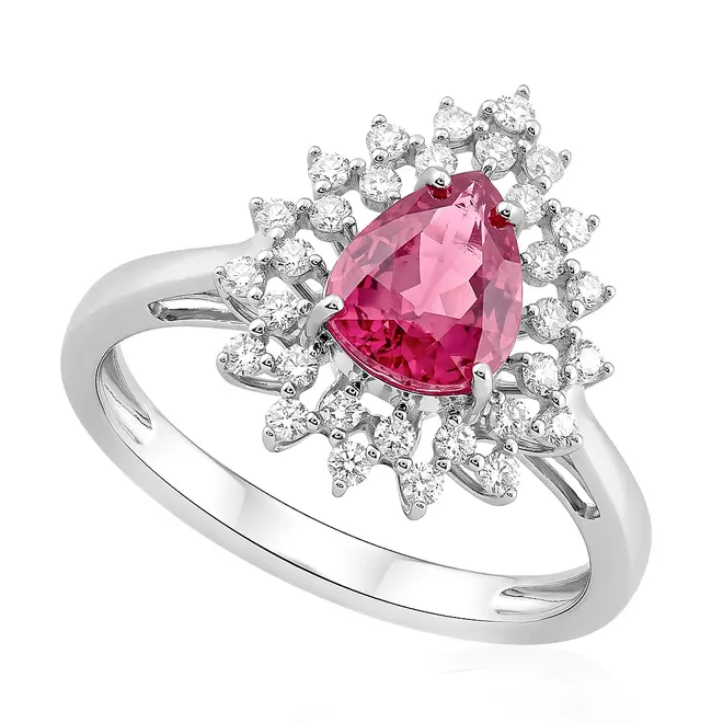 Anel Gota de Ouro Branco com Diamantes e Rubelita