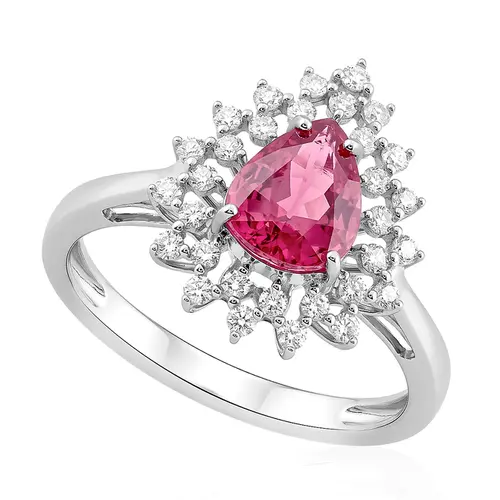 Anel Gota de Ouro Branco com Diamantes e Rubelita