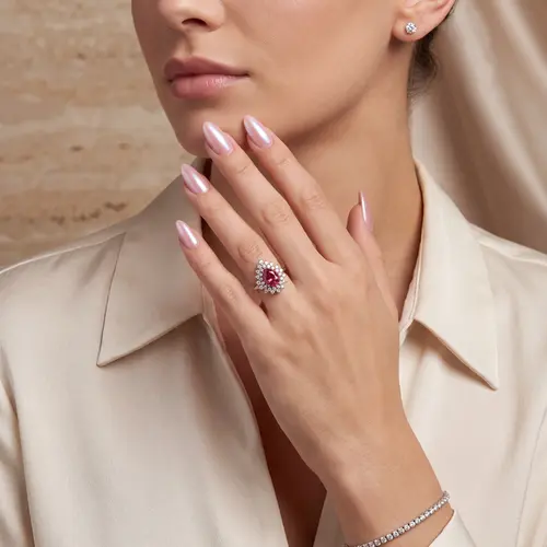 Anel Gota de Ouro Branco com Diamantes e Rubelita