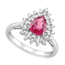 Anel Gota de Ouro Branco com Diamantes e Rubelita