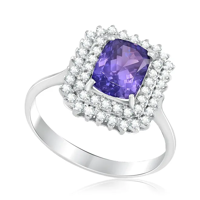 Anel de Ouro Branco com Diamantes e Tanzanita de 1,54 Cts.