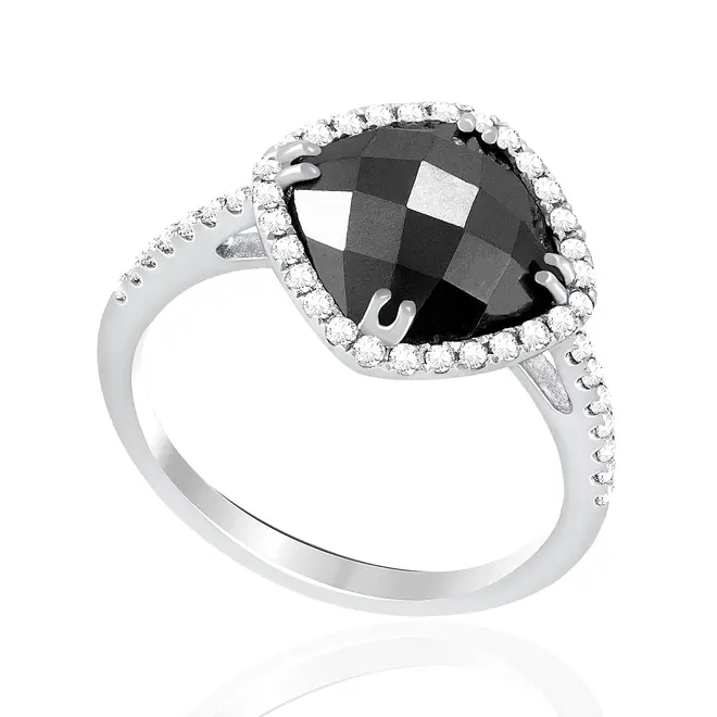 Anel de Ouro Branco com Diamantes e Espinélio Negro