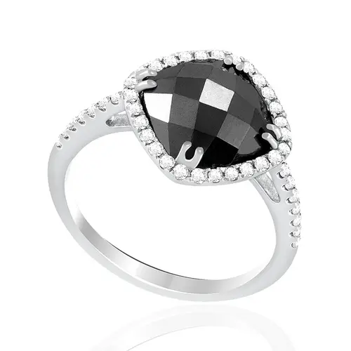 Anel de Ouro Branco com Diamantes e Espinélio Negro