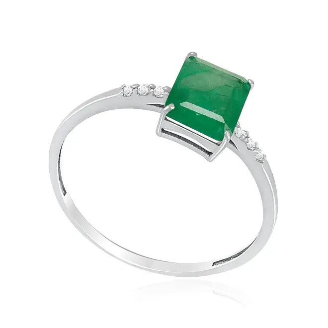 Anel de Ouro Branco com 6 Diamantes e Esmeralda de 2,0 ct