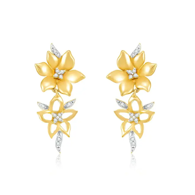 Par de Brincos Flor de Ouro Amarelo com 26 Diamantes