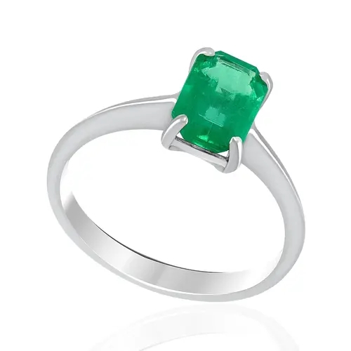 Anel de Ouro Branco com Esmeralda de 1,40 Cts.