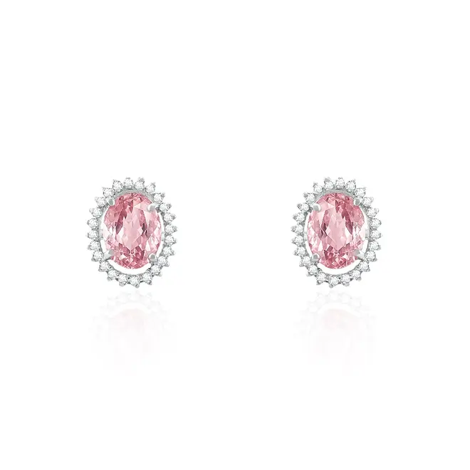 Par de Brincos de Ouro Branco com 48 Diamantes e Turmalinas Rosas