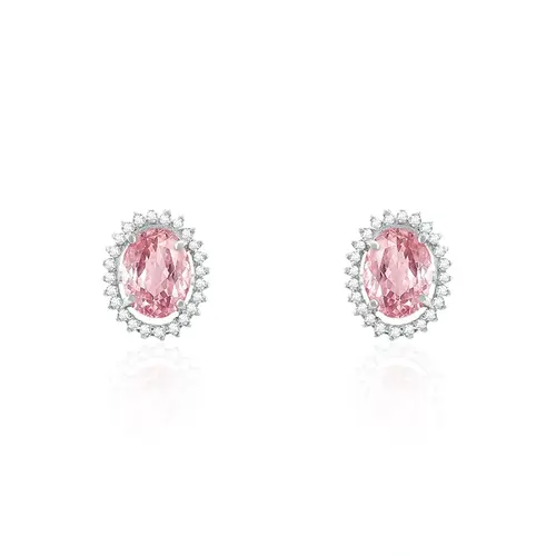 Par de Brincos de Ouro Branco com 48 Diamantes e Turmalinas Rosas