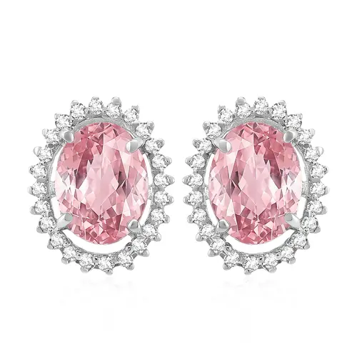 Par de Brincos de Ouro Branco com 48 Diamantes e Turmalinas Rosas
