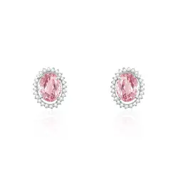 Par de Brincos de Ouro Branco com 48 Diamantes e Turmalinas Rosas