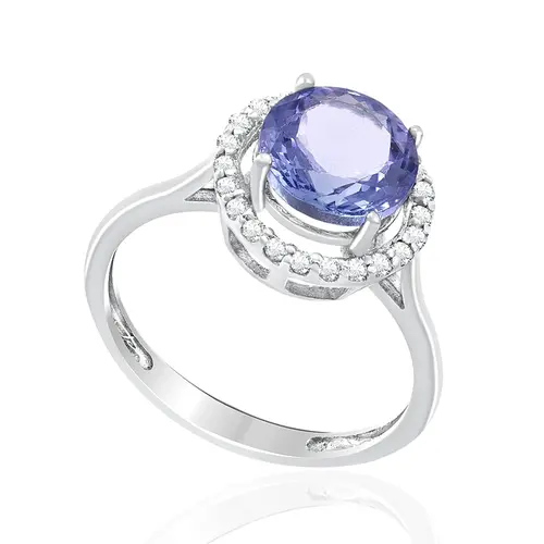 Anel de Ouro Branco com Diamantes e Tanzanita de 2,35 Cts.