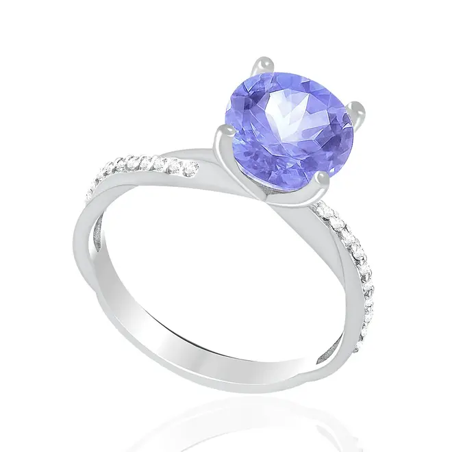 Anel Solitário Torcido e Ouro Branco com Diamantes e Tanzanita de 2,50 Cts.