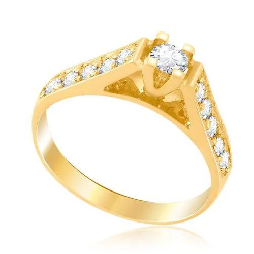 Anel Solitário de Ouro Amarelo, com Diamantes Laterais e Diamante Central de 15 pts.