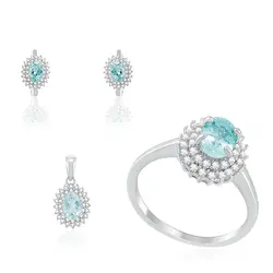 Conjunto Par de Brincos, Pingente e Anel de Prata com Cristais e Águas Marinhas 118847