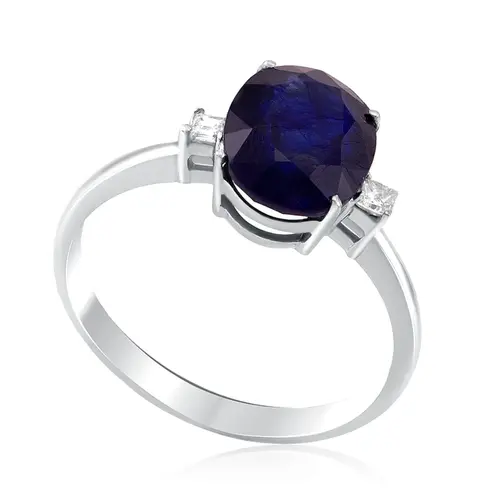 Anel de Ouro Branco com Diamantes e Safira de 4,22 Cts.
