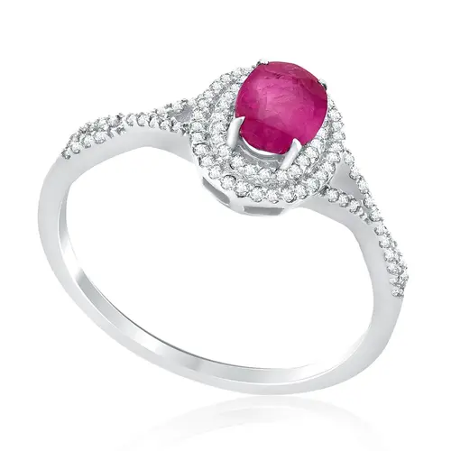 Anel de Ouro Branco com Diamantes totalizando 26 pts. e Rubi de 80 pts.