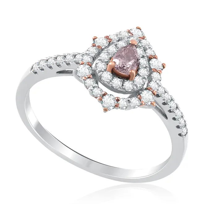 Anel de Ouro Branco com Diamantes Brancos e Rosa de 28 pts.