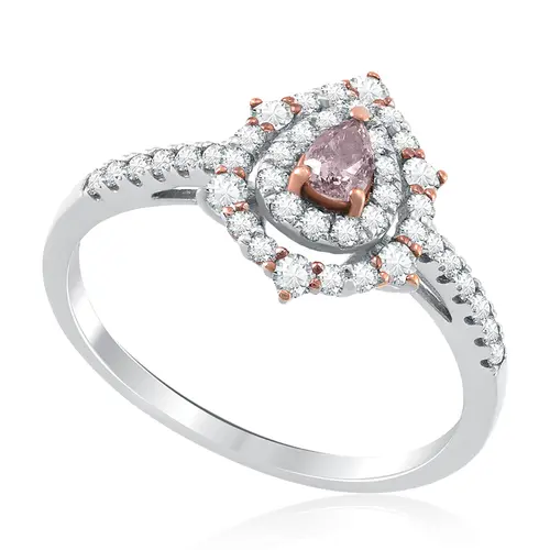 Anel de Ouro Branco com Diamantes Brancos e Rosa de 28 pts.