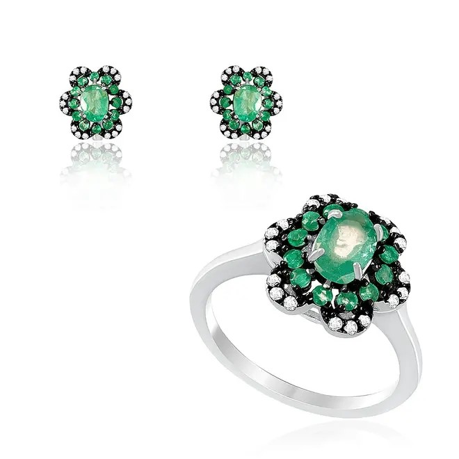 Conjunto Par de Brincos e Anel de Prata com Diamantes e Esmeraldas