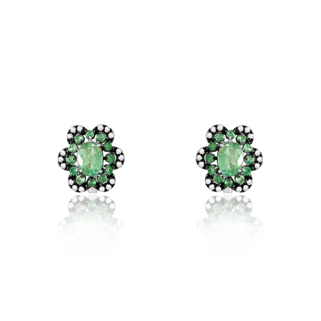 Conjunto Par de Brincos e Anel de Prata com Diamantes e Esmeraldas