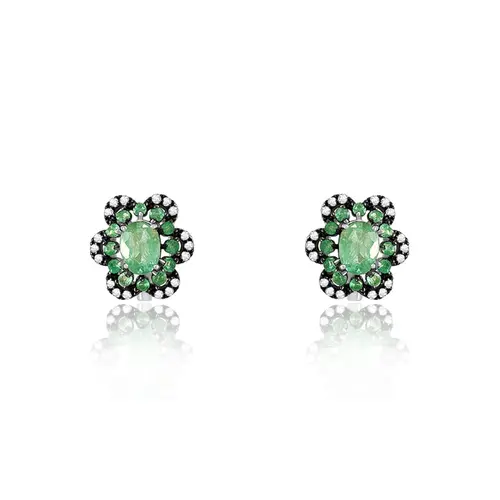 Conjunto Par de Brincos e Anel de Prata com Diamantes e Esmeraldas