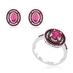 Conjunto Par de Brincos e Anel de Prata com Rubis