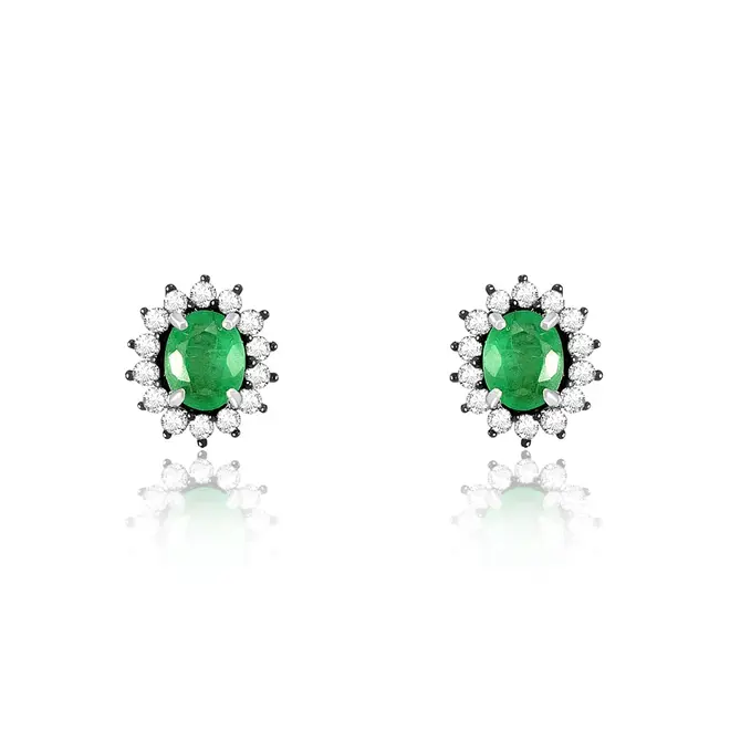 Par de Brincos de Prata com Diamantes e Esmeraldas