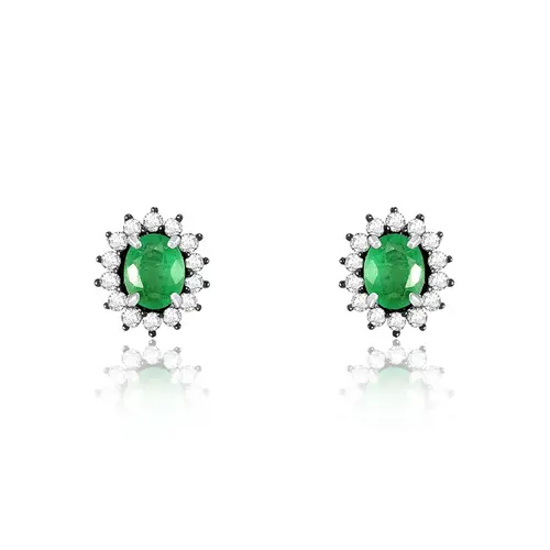 Par de Brincos de Prata com Diamantes e Esmeraldas