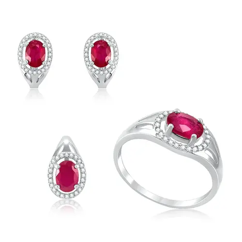 Conjunto Par de Brincos, Pingente e Anel de Prata com Cristais e Rubis