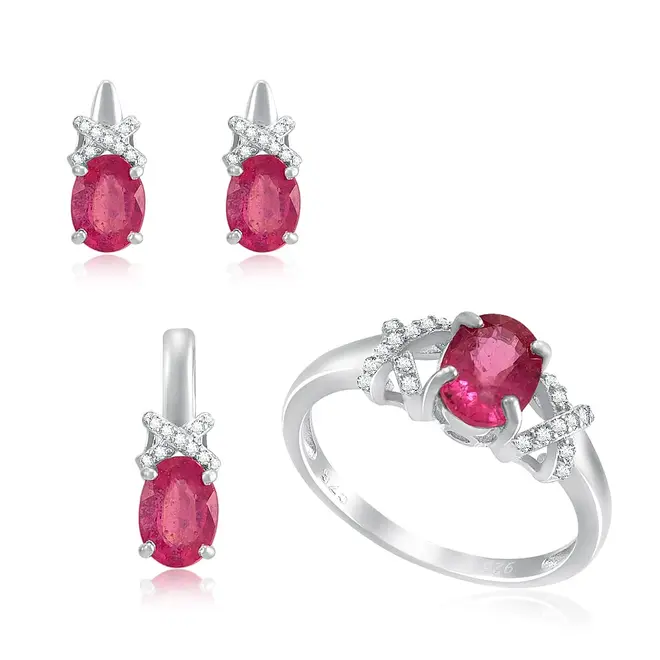 Conjunto Par de Brincos, Pingente e Anel de Prata com Cristais e Rubis