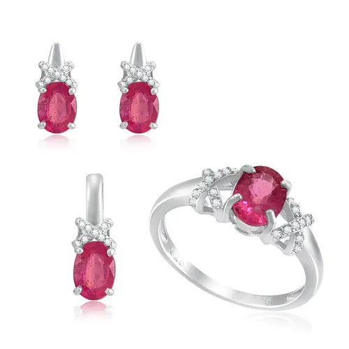 Conjunto Par de Brincos, Pingente e Anel de Prata com Cristais e Rubis